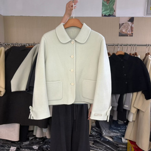 韩国袖子设计感打结短款双面羊绒大衣2025秋冬小个子翻领羊毛外套