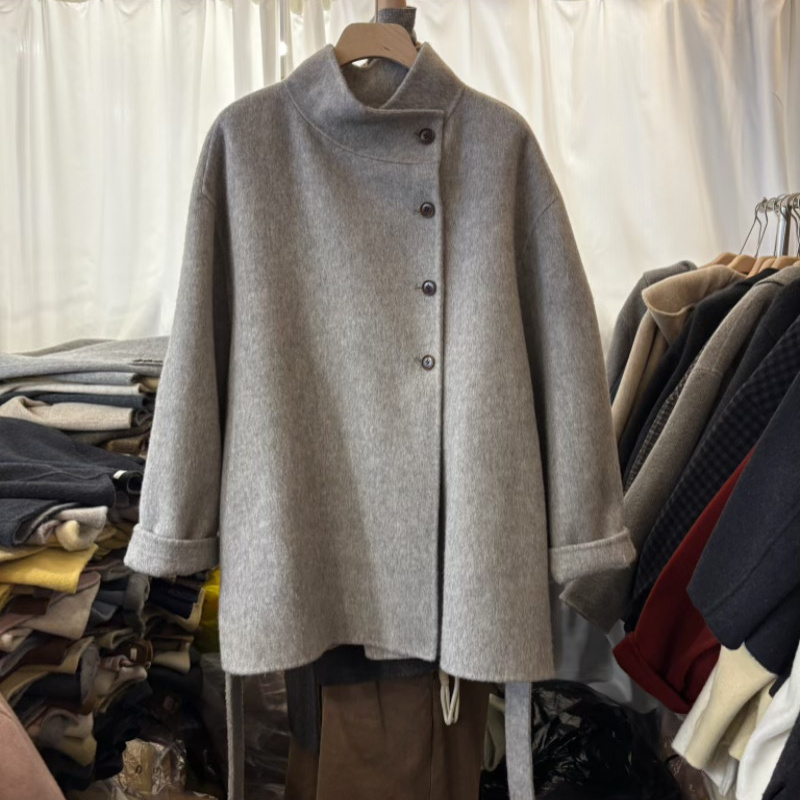韩国高品质双面羊绒大衣女韩版立领系带收腰显瘦中长款羊毛外套