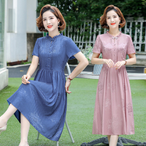 云丝缎面提花夏装连衣裙女2023新款中年妈妈时尚减龄短袖气质裙子