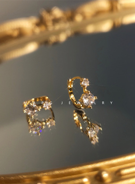 MAPG通勤双锆石金色耳扣迷你小巧S925纯银镀金黑色睡觉不摘耳环饰