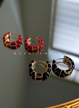 MAPG小众简约竹节滴油耳环个性百搭镀金黑色红色圆形日韩耳钉耳饰