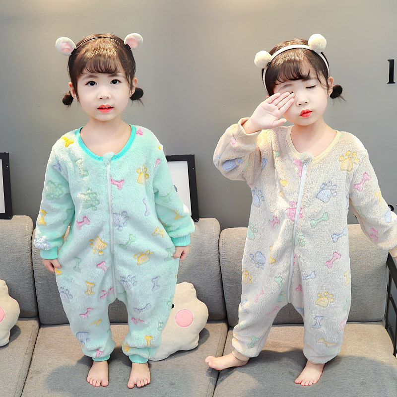 CHILDRENS JUMPSUIT SPRING AND AUTUMN PAJAMAS THICKENED FLANNEL BABY SLEEPING BAG AUTUMN AND WINTER FEMALE BABY CORAL FLEECE ROMPER GIRL
