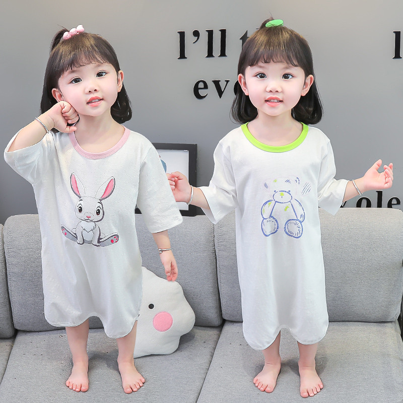 春夏季女童中袖睡裙儿童防踢按扣