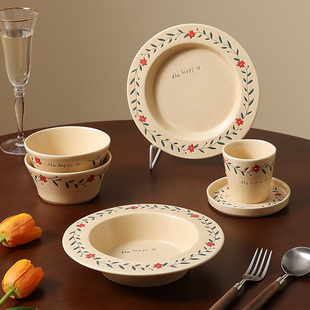 手绘小花餐具套装 复古哑光咖啡杯碟沙拉盘甜品盘意面盘饭碗酸奶碗