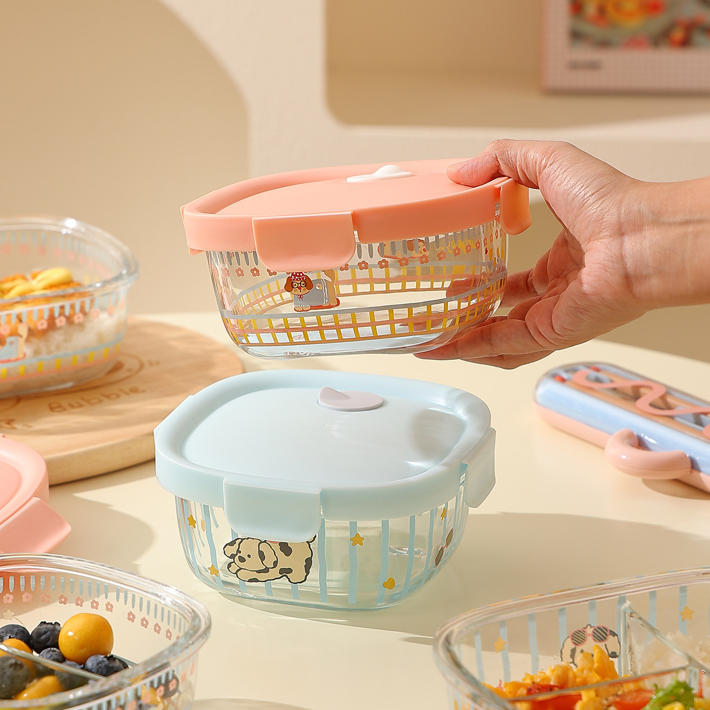 可爱玻璃便当盒上班微波炉加热带饭餐盒分格水果便盒保鲜盒密封盒,餐饮具,饭盒/保温桶/保温提锅,淘宝优惠券,粉丝福利购,淘宝优惠卷