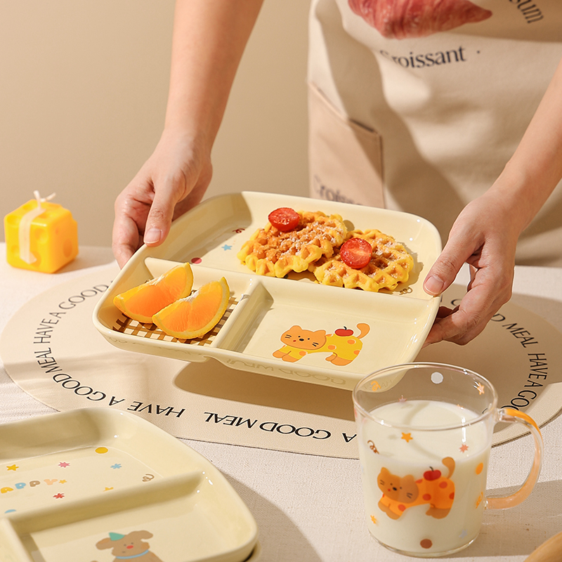 可爱猫狗分格盘大人减肥餐早餐陶瓷盘子家用一人食减脂餐盘玻璃杯