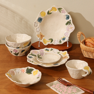 日式 花卉陶瓷餐具家用菜盘甜品盘子高颜值饭碗酸奶碗马克杯水杯子