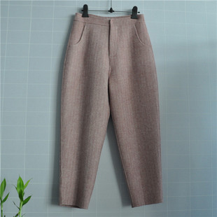 鸿思格HSG1701 双面手缝羊绒羊毛跨档哈伦 X人字纹超正毛呢小脚裤