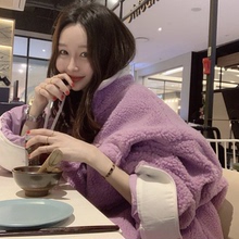 翻领羊羔绒毛茸夹克上衣 宽松工装 羊羔毛外套女拼接韩国撞色袖 大码