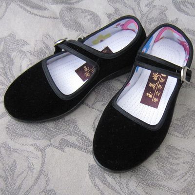 六一黑色平绒舞蹈女孩子方口软底