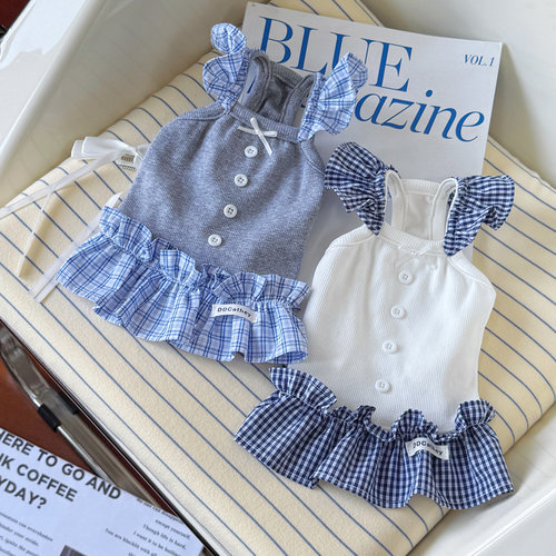 袋袋猫 格纹花边miu系宠物吊带裙 小型犬狗狗纯棉可爱秋季衣服