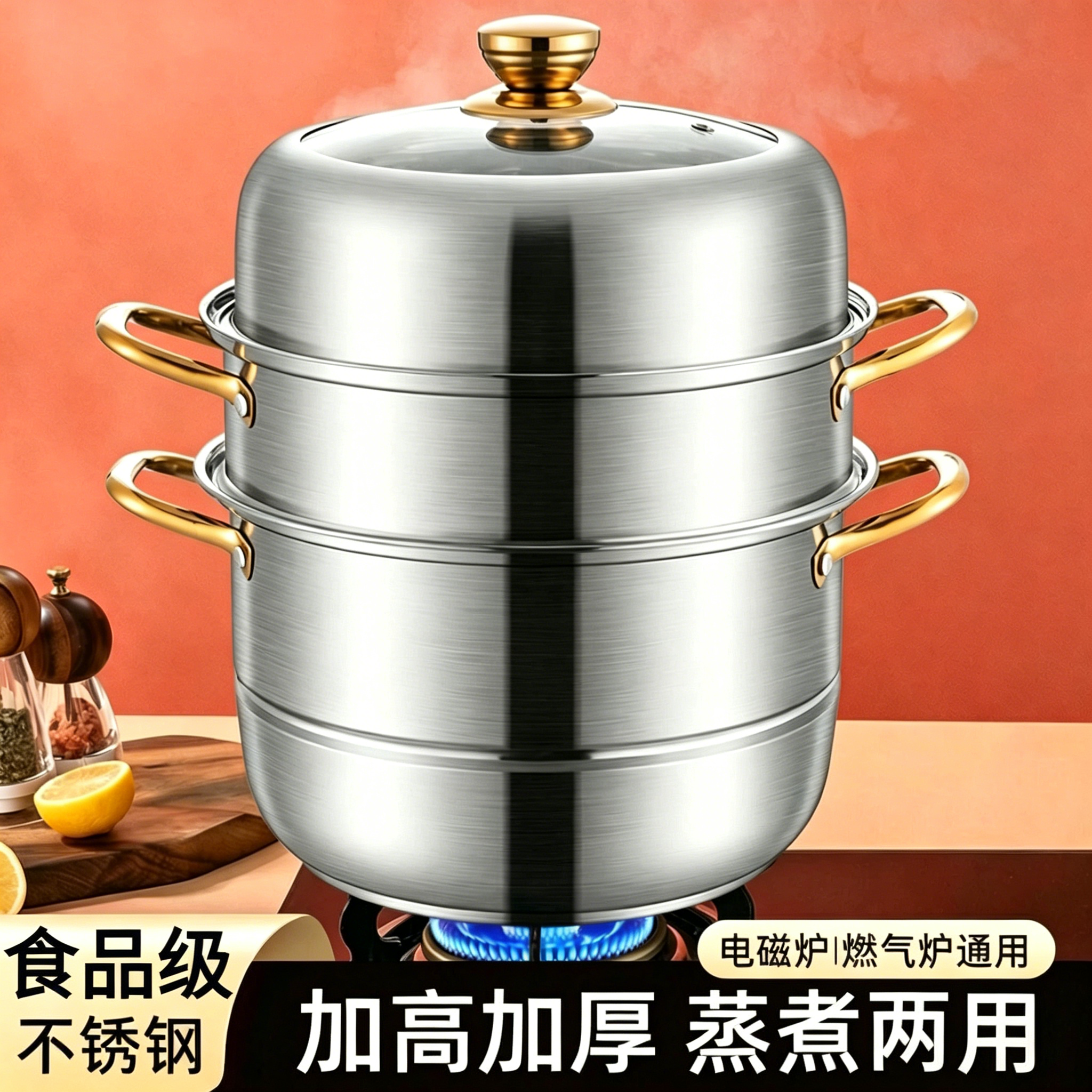 蒸锅家用蒸煮炖食品级不锈钢三层加厚蒸笼蒸鱼馒头电磁炉煤气灶用