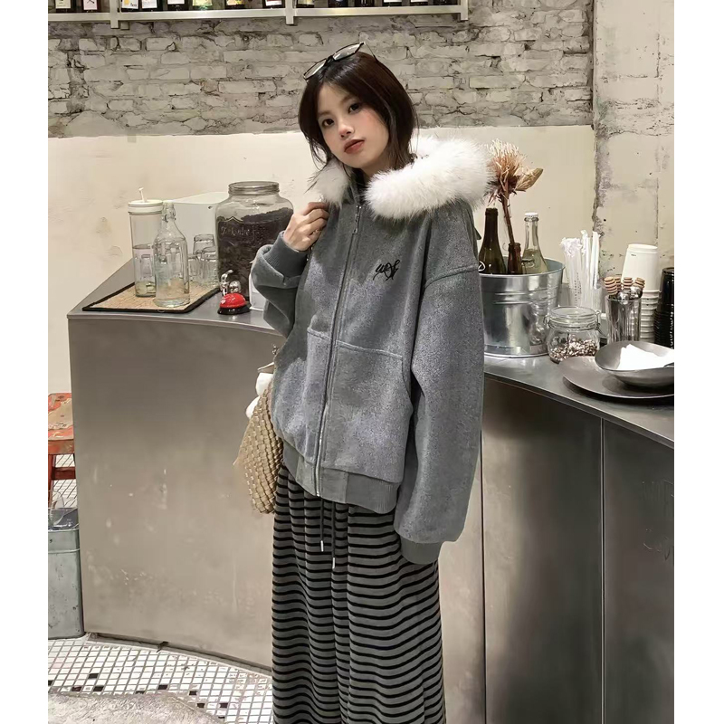 加绒加厚毛领连帽卫衣女外套秋冬