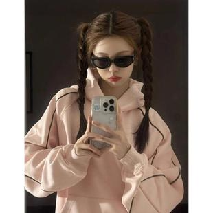 国潮牌麂皮绣花加绒加厚连帽卫衣秋冬女百搭宽松休闲重磅情侣帽衫