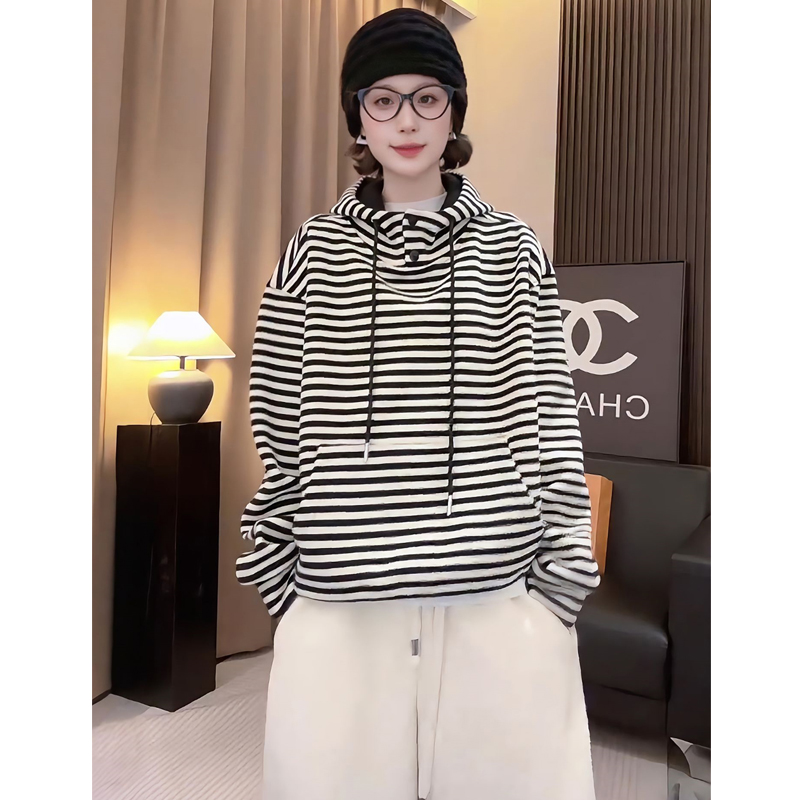 黑色条纹连帽加绒加厚卫衣女秋冬