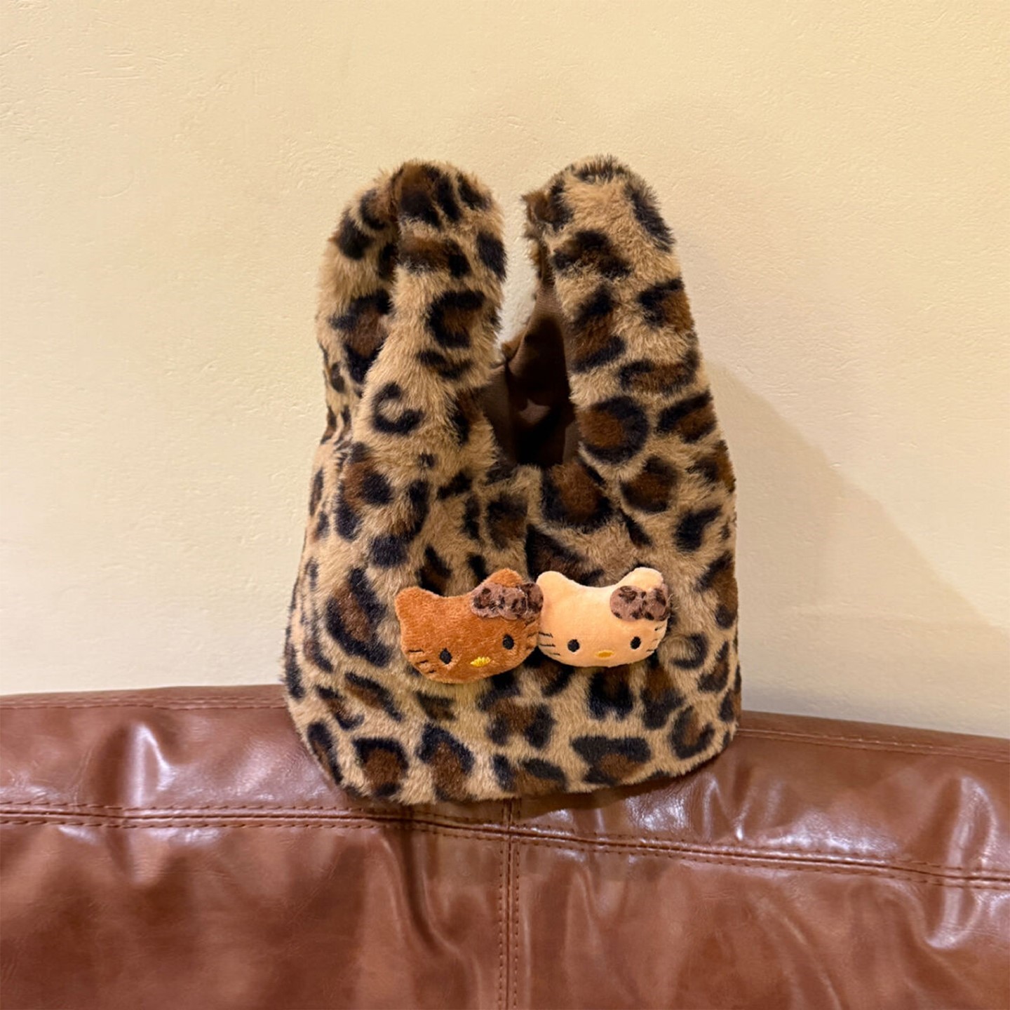 豹纹kt猫手提包包慵懒风毛绒手拎