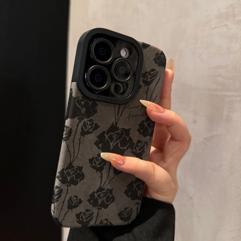 复古皮质黑色玫瑰软壳适用16pro