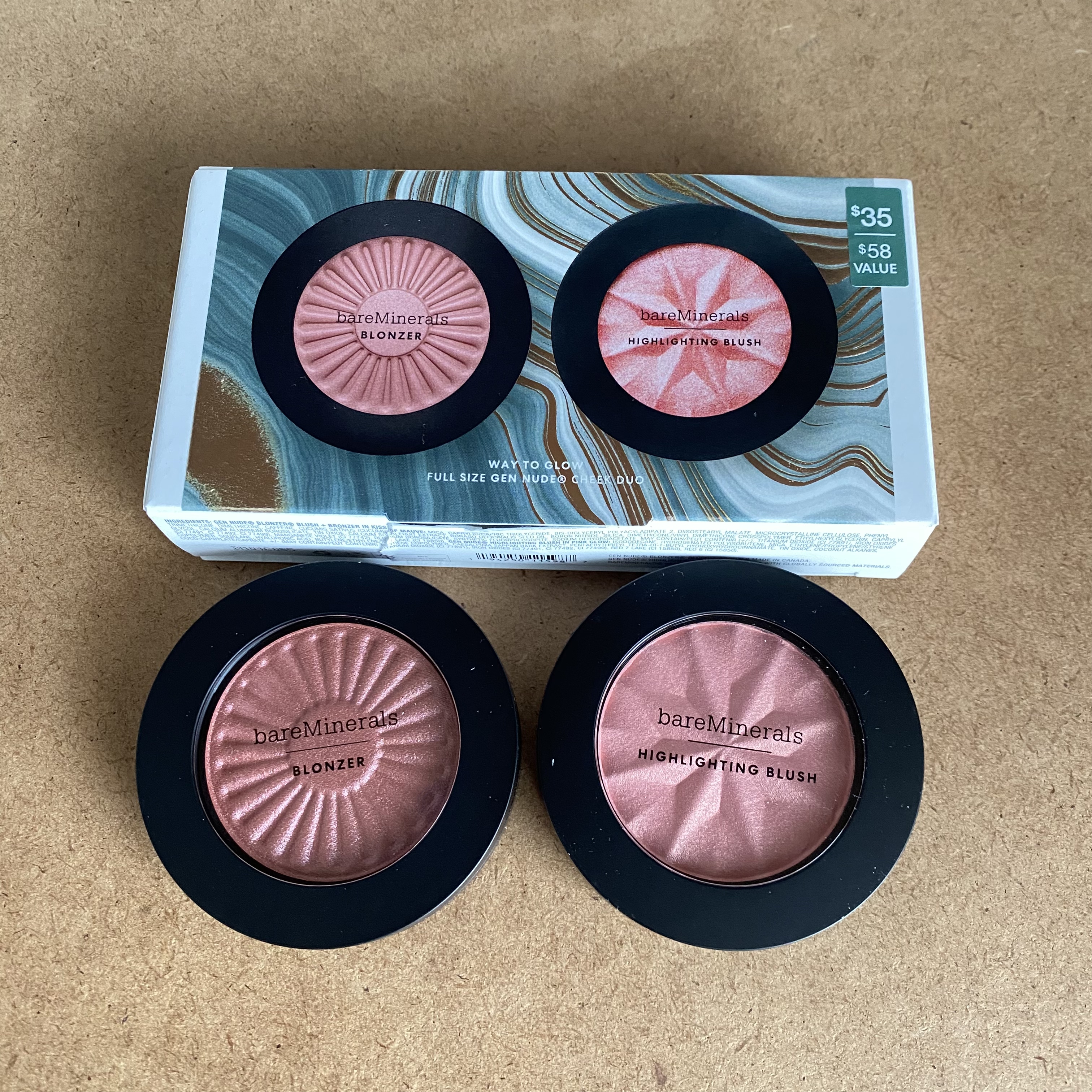 套装~美国BareMinerals贝茗 矿物腮红高光修容饼Gen Nude光泽提亮