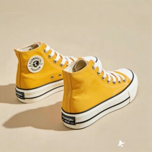环球高帮帆布鞋女黄色休闲圆头厚底鞋青年学生板鞋