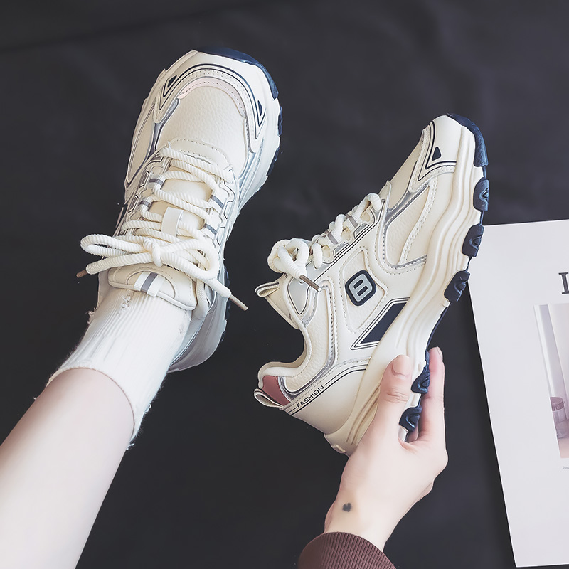 人本运动鞋女秋季新款休闲鞋百搭厚底小白鞋皮面防水老爹鞋子学生