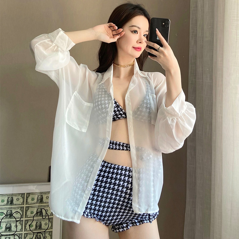 纯欲格子高腰遮肚分体比基尼图片