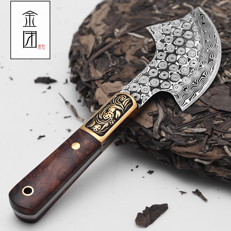 金团大马士革手工撬茶刀花纹钢开茶器普洱茶饼黑檀木茶锥茶道配件