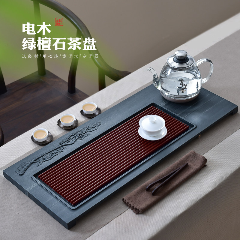 玉绿石茶盘电木茶海天然石材整块木纹石绿檀石茶台小家用简约现代