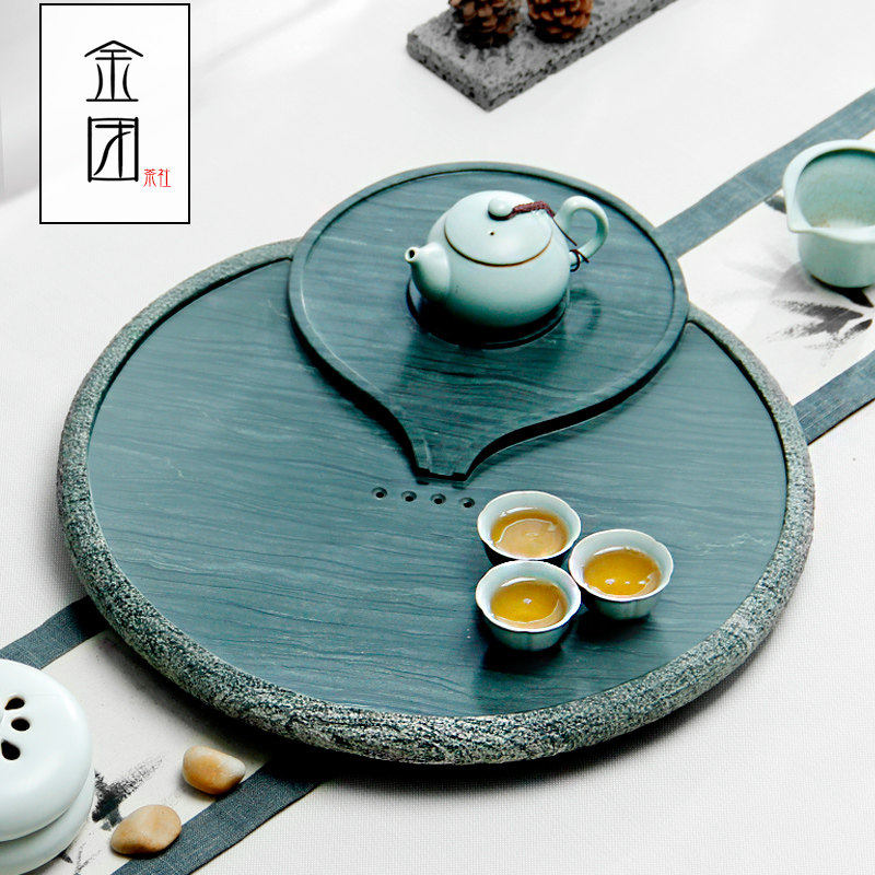 金团 整块石头茶盘绿玉石茶台简约功夫茶海石材茶盘茶具家用茶托