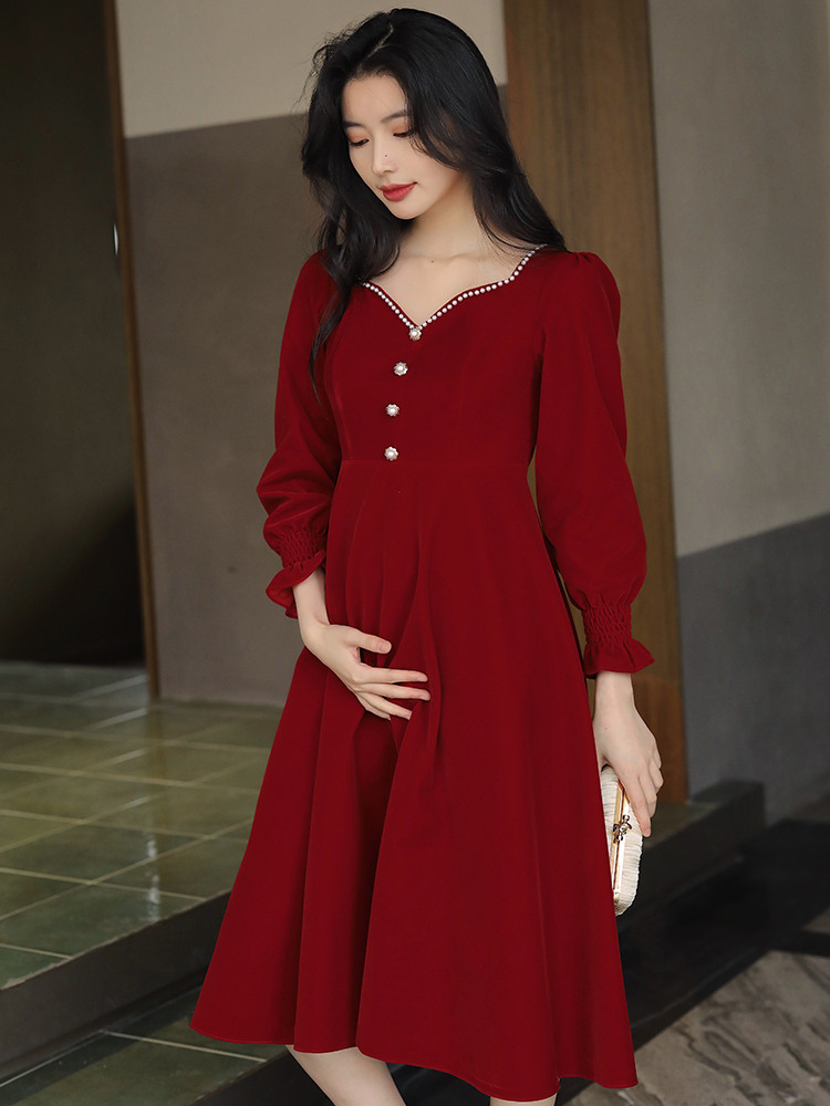 孕妇新娘敬酒服酒红色大码结婚订婚礼服连衣裙回门丝绒长袖秋冬季