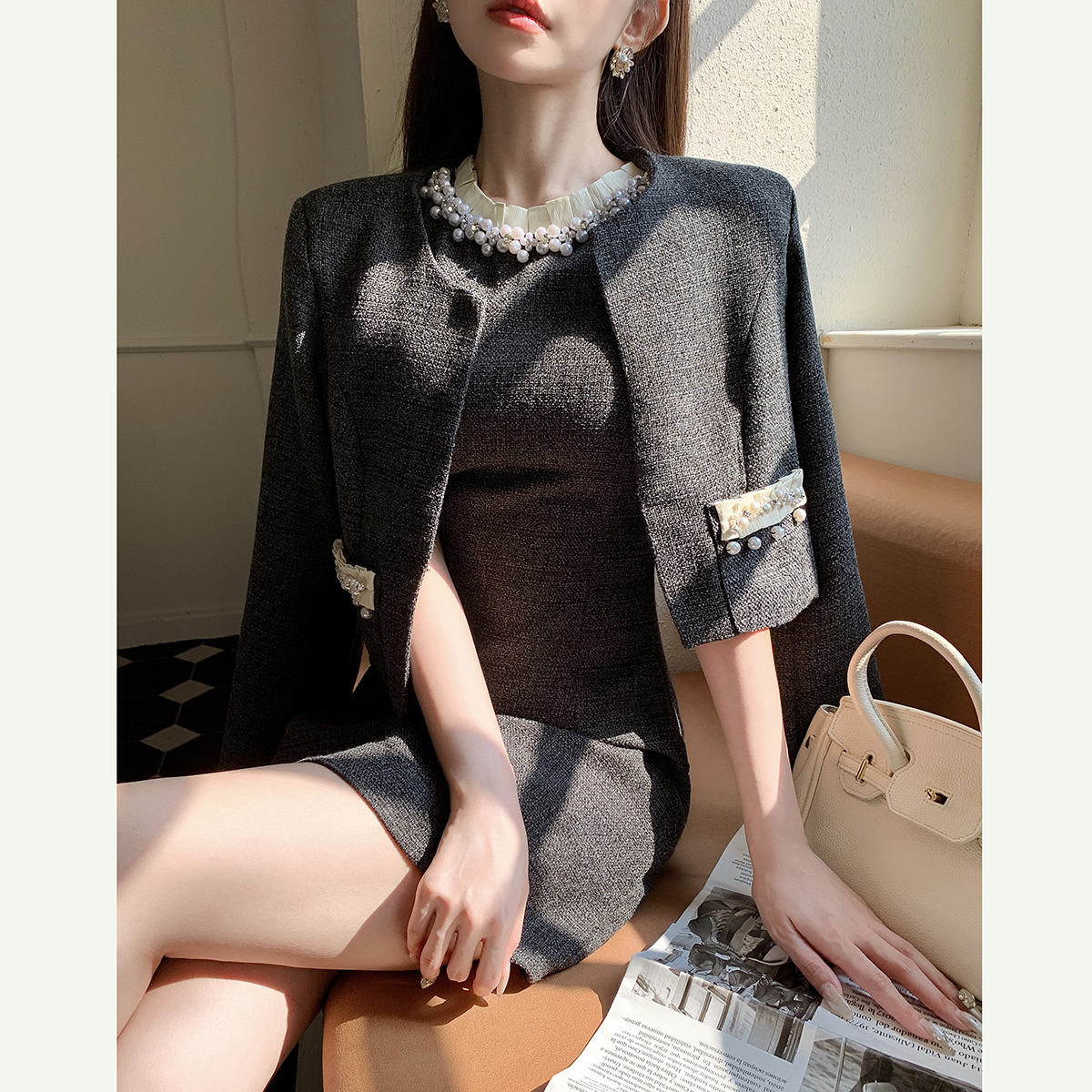 重工钉珠千金风无袖连衣裙女2024新款秋季短款a字裙外套套装