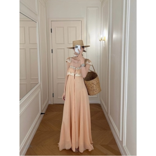 吊带领宽松春夏新款 连衣裙女长裙 e无袖 法国蕾丝雪纺chl