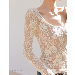 酒窝 月吻云纱 蕾丝双层浮雕白色U领性感修身长袖T恤女