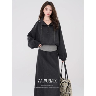 毛呢半身裙搭配一整套不晚 女秋冬新款 夏美式 复古休闲拼接卫衣套装