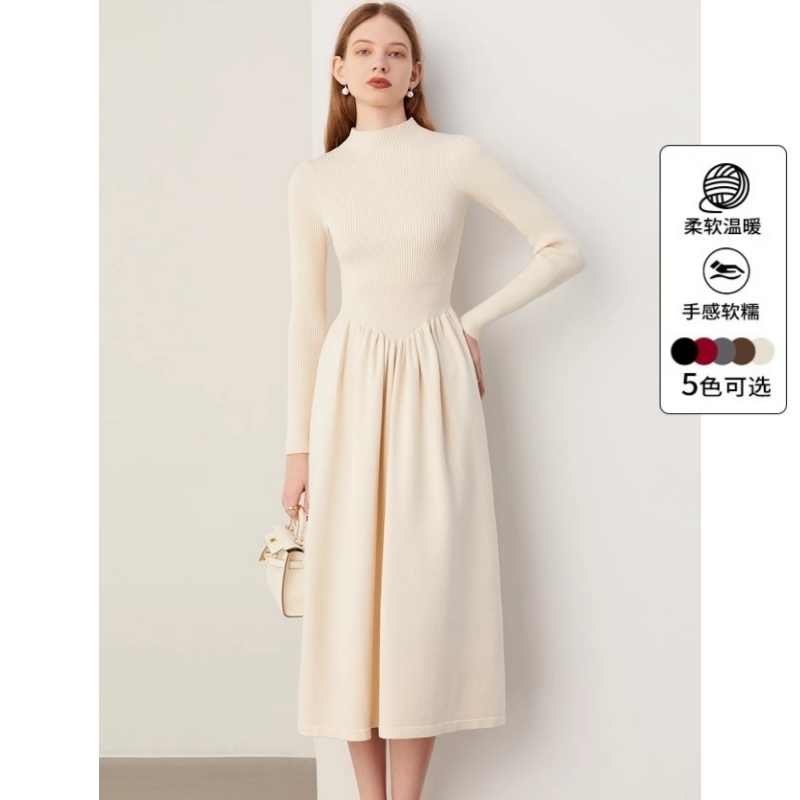 【惠品】2025年春季气质白色连衣裙女内搭长裙针织毛衣气质