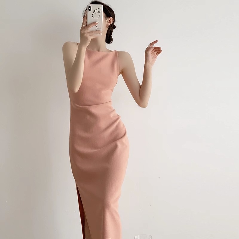 法式一字领收腰开衩经典肯豆吊带