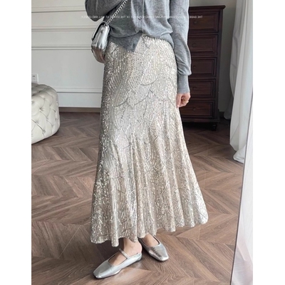 2026春夏季 熠熠生光 银色亮片A字绝美鱼尾半身长裙女