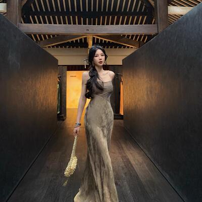 STUDIO【墨花微敛】女装国风新中式大A摆暗纹吊带长款连衣裙