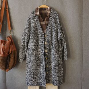 XSBY秋冬新款 文艺范复古个性大V领粗花线中长款针织衫毛衣外套女