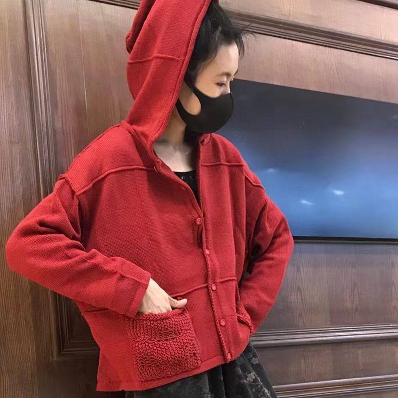 春季新款全棉短款连帽开衫毛衣外套针织衫厚纯色复古编织上衣女士