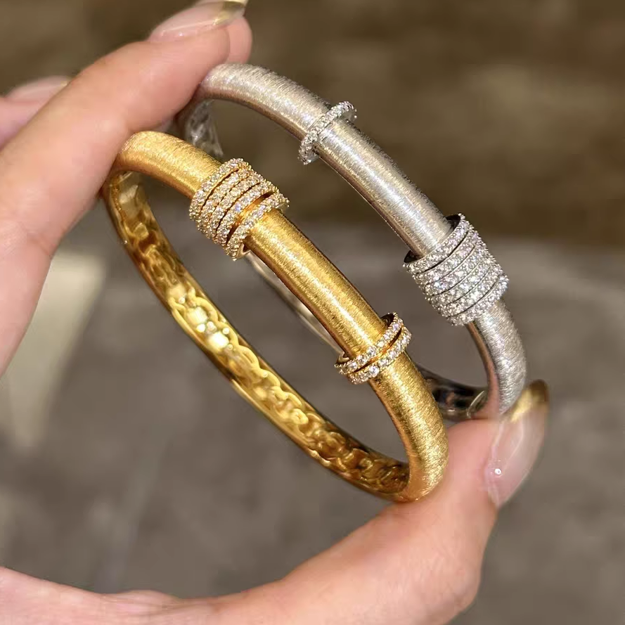 S925纯银！跑环纯银手镯意式轻奢拉丝工艺满圈镶钻重工高级感百搭