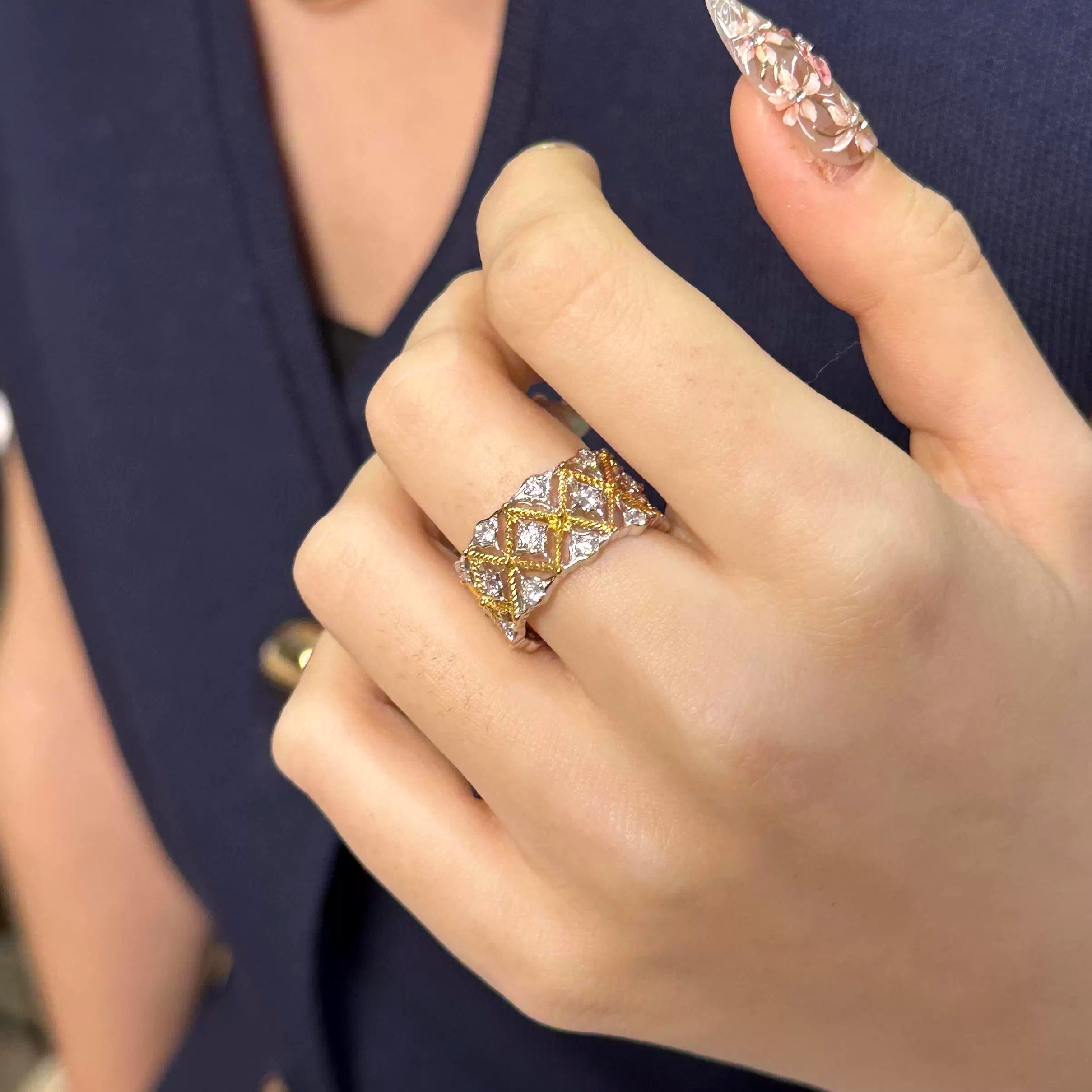 S925纯银！布布风戒指蕾丝菱格镂空意式复古轻奢小众宽版纯银戒指