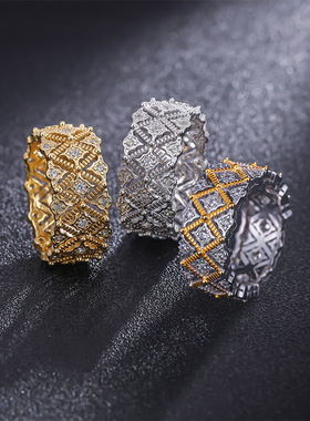 S925纯银！宽版蕾丝菱格戒指布布风拉丝工艺镂空满钻纯银戒指