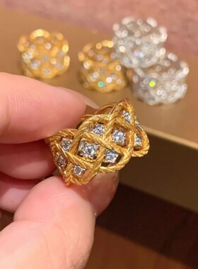 S925纯银！意式中古拉丝工艺菱格戒指轻奢小众高级珠宝感高碳钻