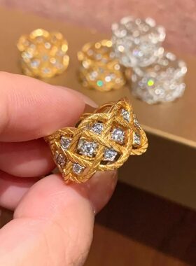 S925纯银！意式中古拉丝工艺菱格戒指轻奢小众高级珠宝感高碳钻
