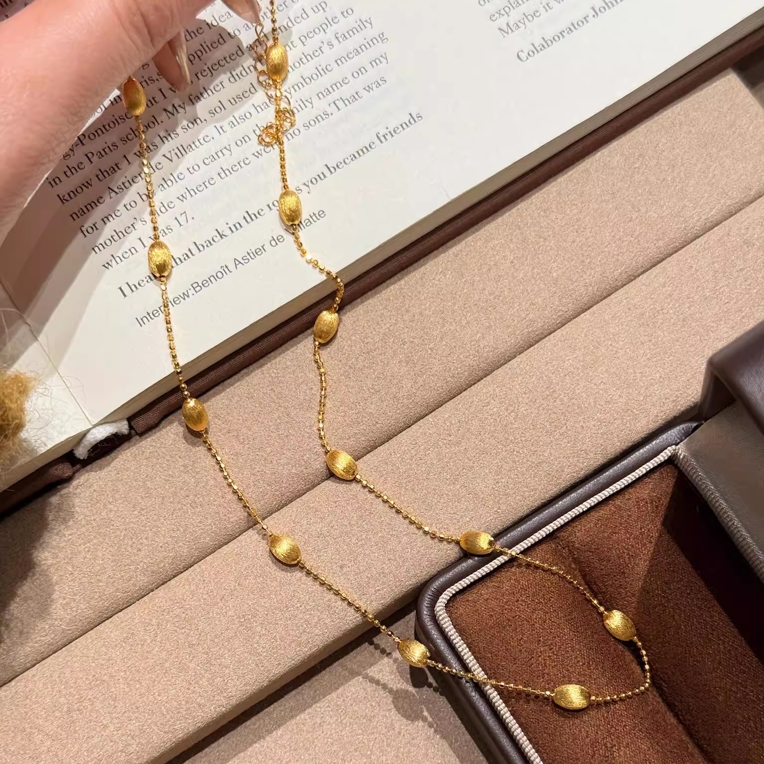 S925纯银！拉丝橄榄珠项链手链套装金豆豆法式轻奢长短款项链手链