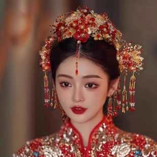 中式古风秀禾头饰套装结婚发冠金红色头冠琉璃花眉心坠古装发饰品
