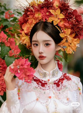 泉州浔埔女头饰簪花围红色花朵花环发饰网红民族旗袍汉服写真拍照