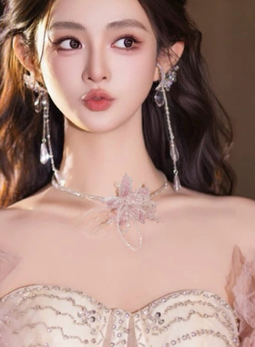 超仙粉色水晶珠花朵项链短款小众甜美个性锁骨链轻奢礼服耳坠饰品