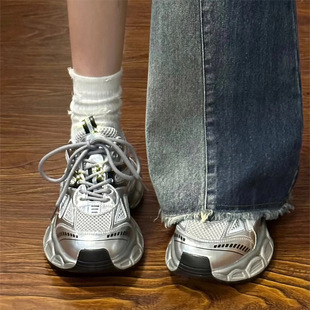 子银色增高跑步休闲运动鞋 老爹鞋 女鞋 夏季 高弹休闲百搭 女2025女款