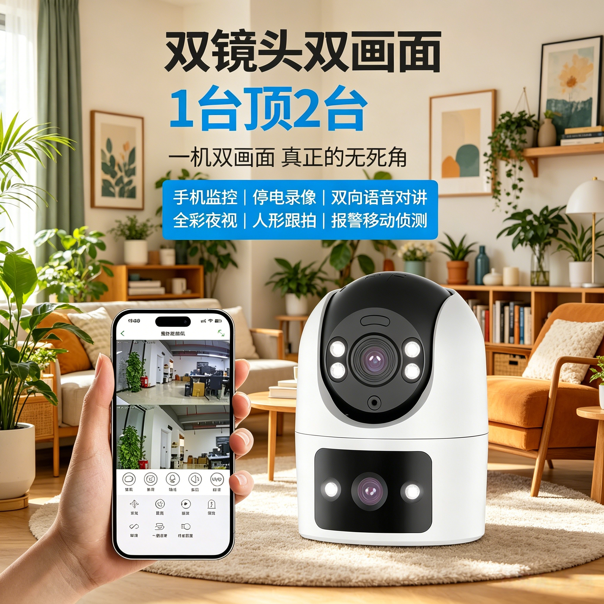 双镜头家用监控摄像头无死角